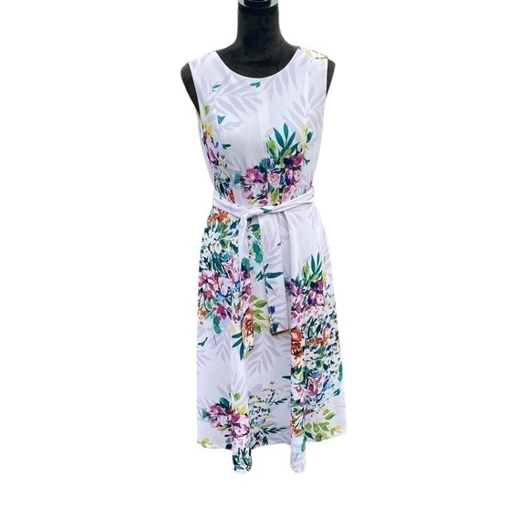 DKNY Ladies White Floral Sleeveless Midi A-line Round Neck Dress With Belt Sz 6 - Picture 15 of 15